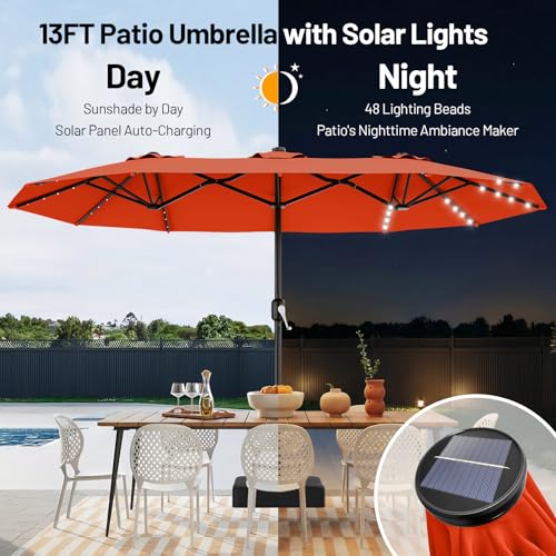 AreShark 13 FT Patio Umbrella with Solar Lights, Double-Sided Outdoor Table Umbrellas with Crank, Large Rectangular Market Umbrella for Porch, Lawn, Pool, Backyard, Orange - color: Orange, size: 6.5x13 Ft