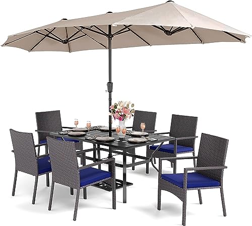 PHI VILLA 7 Piece Patio Dining Set with Umbrella, 60” Rectangular Metal Dining Table & 6 Cushioned Rattan Wicker Chairs & 13ft Large Beige Umbrella for Outdoor, Deck, Yard, Porch - color: Beige, size: 7 PCS 60" Steel Table
