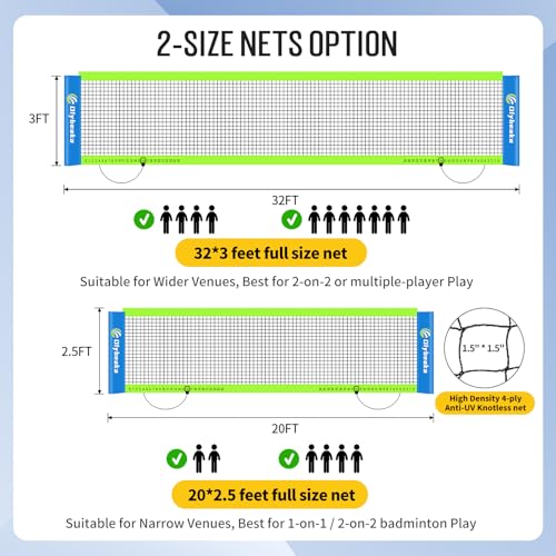 Portable Volleyball & Badminton Combo Net Set for Backyard Beach with 2 Nets (20ft and 32ft), Adjustable Poles, PU Volleyball, Aluminum Rackets and Carry Bag, Quick Setup & Durable - color: Blue