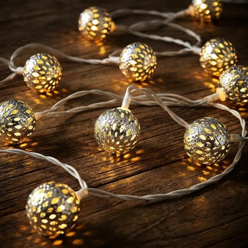 8.5Ft Moroccan String Lights Plug in, 10 LED Silver Metal Globe Fairy Lights, Warm White Hollow Lantern Decorative Lights for Ramadan Eid Mubarak Diwali Bohemian Home Bedroom Patio Party Wedding Decor - color: Silver