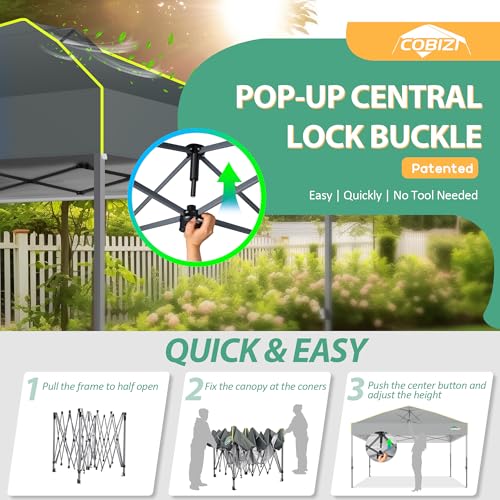 COBIZI Canopy 10x10 Pop Up Canopy Tent 1-Button Push Easy up Outdoor Canopy Instant Portable Commercial Shelter Waterproof UPF50+ Gazebo with Reflective Strip, Air Vent & 4 Sandbags,Grey - color: Grey(1-year warranty), size: 10x10ft With No Sidewalls