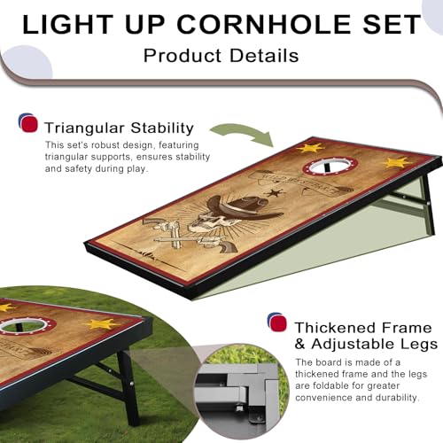 LED Cornhole Board Set, 4'x2'/3'x2' Regulation Size Cornhole Boards Games Set, Corn Holes Outdoor Game, Corn Hole Game Set w/ 2 Boards, 8 Beans Bags for Backyard, Beach, Lawn (3'×2' Wild West)