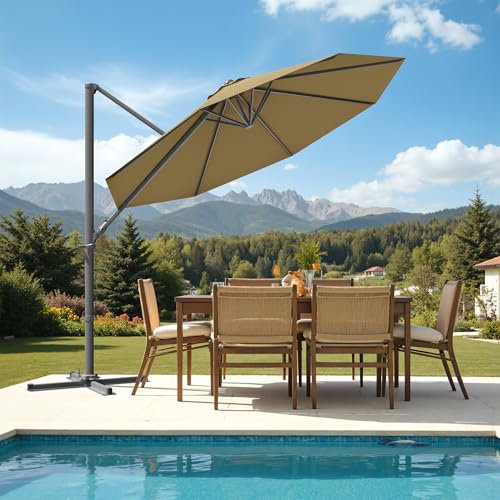 Patiowell 10 FT Patio Umbrella, Outdoor Cantilever Umbrella with 360 Degree Rotation & 5 Adjustable Tilt, Large Hanging Offset Round Sun Umbrella with Frame for Backyard Garden Poolside, Brown - color: Brown, size: 10 FT