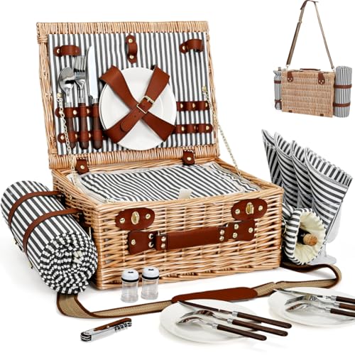 Picnic Basket with Blanket and Wine Pouch for 4, Wicker Picnic Set with Insulated Liner Cooler Bag Hamper for Camping,Wedding - Stripes - color: Stripes With Blanket for 4