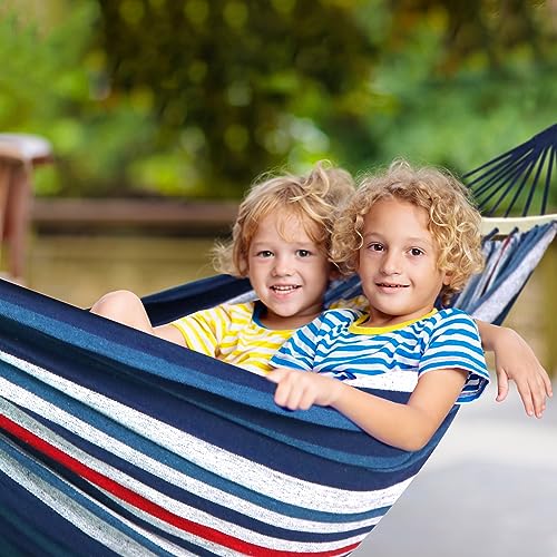 Chihee Cotton Hammock Holds Up to 660lbs Fabric Hammock 8.9x4.9ft Soft Portable Tree Hammocks Camping with Detachable Spreader Bar Pillow 2 Strong Webbings 2 Carabiners Indoor Outdoor Backyard Garden - color: Blue/Red/White Stripes, size: 270x150cm