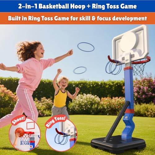 Toddler Basketball Hoop with Ring Toss Game, 2-in-1 Adjustable (2.5–5.5 Ft) Indoor & Outdoor Kids Basketball Set with Mini Balls, Rings, Pump & Stable Base Sports Toy for Boy & Girl Age 1-5