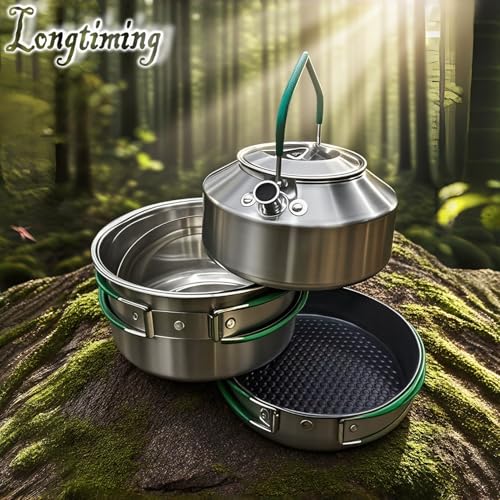 Stainless Steel Camping Cookware, durable, easy to clean, and quick to heat up. Durable camping pots and pans, perfect for family picnics, camping, backpacking, hiking.