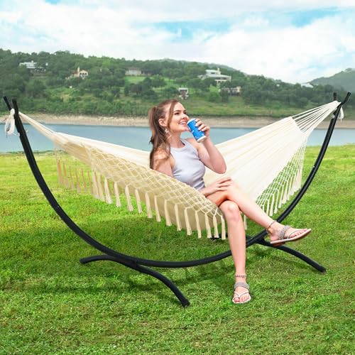 SUNCREAT Portable Outdoor Hammock with Stand Included, Double Hammock with Tassel for Outside, Beige - color: Tassel-beige