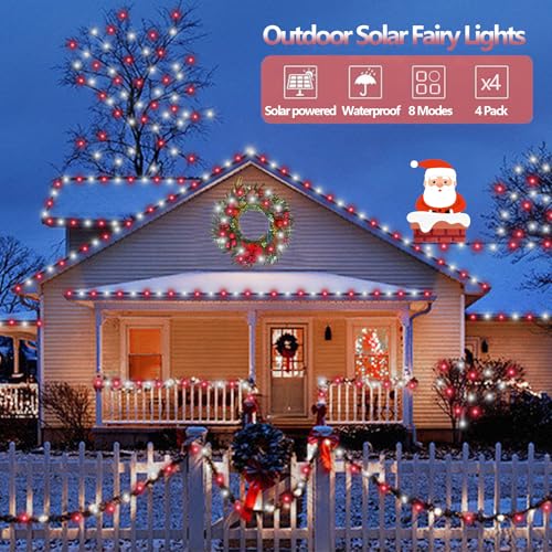 YEGUO 4 Pack Red and White Solar Fairy Lights, Each 33ft 100 LED Christmas Lights Outdoor Waterproof, 8 Modes Sliver Wire Solar String Lights - color: Red and White