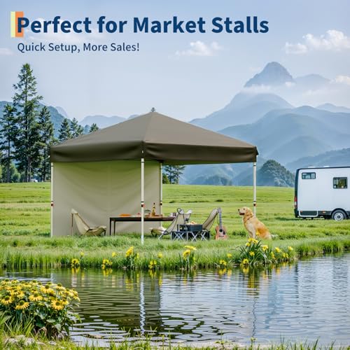 GarveeLife 10x10 Pop Up Canopy with One Button Push Setup - Heavy Duty Outdoor Canopy Tent with Portable Roller Bag - 3 Adjustable Height, 4 Weight Bags, 8 Stakes & 4 Guy Ropes Included, Brown - color: Brown