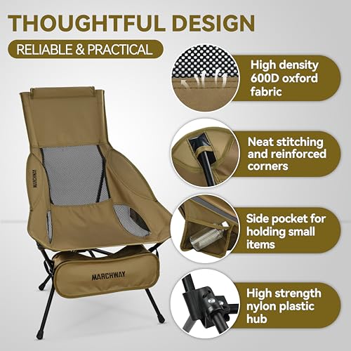 MARCHWAY Lightweight Folding High Back Camping Chair with Head Support, Stable Portable Compact for Outdoor Camp, Travel, Beach, Picnic, Festival, Hiking, Backpacking (Highback Khaki) - color: Highback Khaki