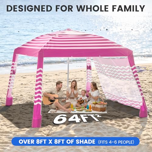 Zeraty Beach Cabana 8'×8', Portable Beach Canopy with Side Wall, UPF 50+ Silver-Coated Beach Tent Sun Shelter, Wind Resistant Adjustable Altitude Beach Umbrella Tent for Family, Pink - color: Pink