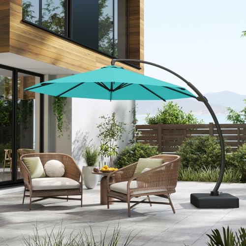 11FT Cantilever Umbrella with Base Large Curvy Outdoor Aluminum Offset Umbrella w/ 360° Rotation, UV Resistant Canopy for Patio, Garden, Backyard, Aqua Blue - color: Aqua Blue, size: 11FT