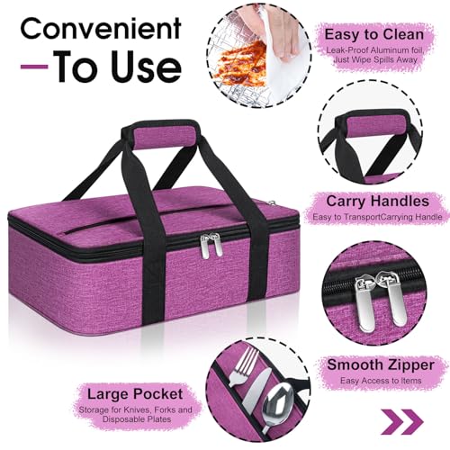 Insulated Casserole Carrier, Portable Casserole Carrier for Hot or Cold Food Lunch Tote Warmer or Cooler Bag, Lasagna Lunch Bag for Potluck Parties- Fits 9" x 13" Baking Dish-Rose Purple - color: Rose Purple, size: 16x10x4 in