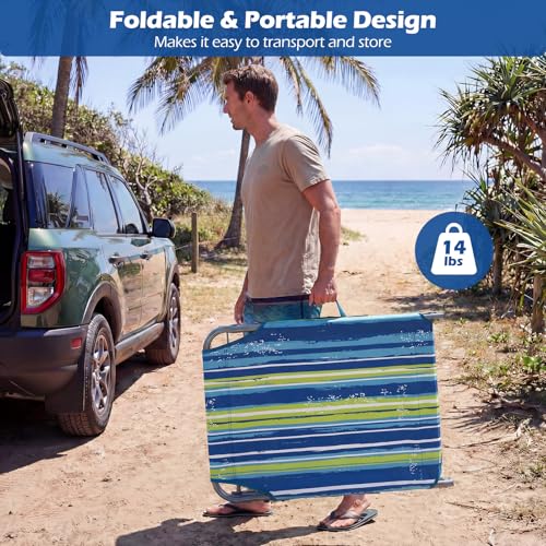 COSTWAY Tanning Chair with Face Hole, Folding Beach Lounge Chair with 4-Position Adjustable Backrest, Pillow & Side Pocket, Foldable Chaise Lounge Chair Outdoor for Sunbathing, Camping (1, Blue+Green) - color: Blue+green
