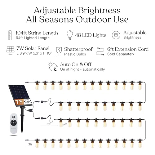 Brightech Solar String Lights with 48 Hanging Edison Bulbs and Brightness Controls with Remote 7W-104 3000K - style: Super Bright (7W) Remote Control 104 FT