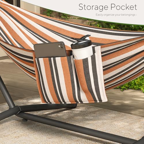 600lbs Hammock with Stand for Outside, 2 Person Portable Hammock with Side Storage, Carrying Bag, Expend Wooden Bar for Outdoor or Indoor (Brown Black) - color: Brown Black