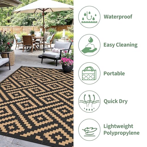 sarben Outdoor Rug for Patio - Waterproof Plastic Straw Camping Rugs 5x8 ft, Reversible Outdoor Indoor RV Mat Carpet for Patio, Porch, Deck, Balcony, Picnic, Beach, Black Brown - color: Black&brown, size: 5' x 8' (Rectangular)