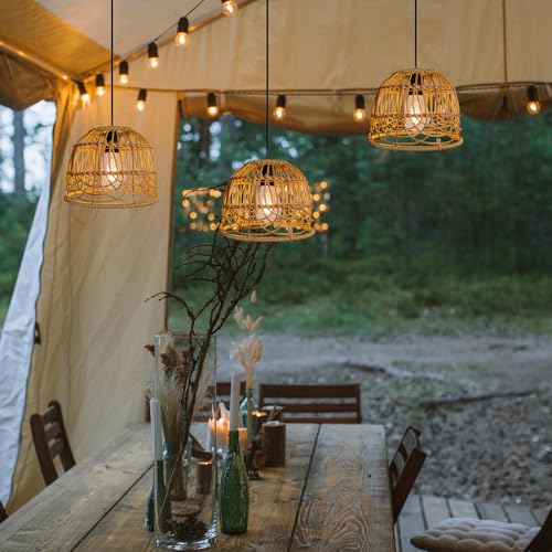 Outdoor Pendant Light Chandelier for Gazebo Battery Operated Boho Hanging Lamp Handmade Rattan Decorative Lights LED Lantern Bulb Powered by 4*AA Batteries for Porch Patio Backyard Decor