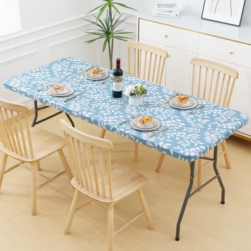 misaya 2 Pack Vinyl Tablecloth, Fitted Table Cover, 100% Waterproof, Elastic Edge, Flannel Backing, Plastic Table Cloth Fit 6 Foot Folding Tables for Picnic, Camping, Outdoor (Blue Leaves, 30x72 inch) - color: Baby Blue, size: 72" X 30" (Rectangular)- 2 P