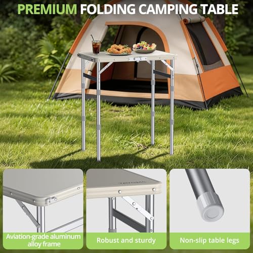 2ft Plastic Folding Camping Table, 3 Adjustable Height Waterproof Small Folding Table Lightweight & Portable with Carry Handle for Outdoor Camping RV Travel Picnic Beach, 22.8" X 15.7", White - color: White