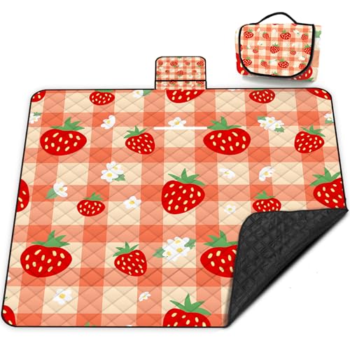 Extra Large Picnic Blanket Waterproof,80"x 80"Foldable Machine Washable Beach Blanket,Outdoor Blanket for 6-8 Adults,Suitable for Indoor Crawling,Park Beach,Camping,Hiking,Family Travel(Orange) - color: Orange Strawberries, size: 6'8" x 6'8" (Square)