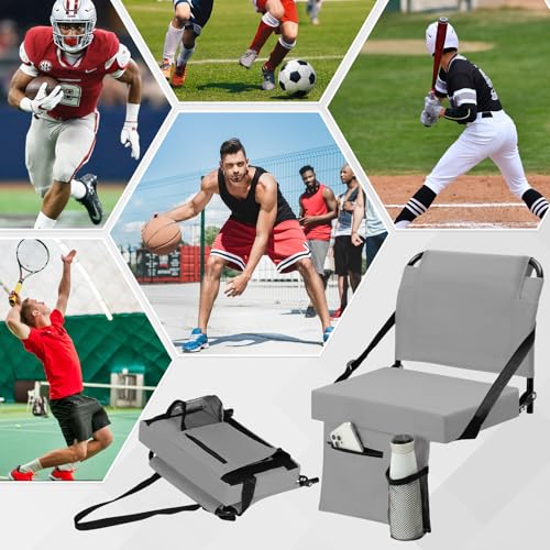 2pcs Stadium Seat for Bleachers with Back Support，Portable Bleacher Chairs with Back and Cushion，Includes Shoulder Strap and Cup Holder - color: Grey,2 Pack