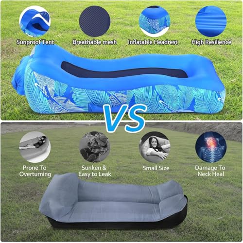 Inflatable Lounger Beach Chair with Unique Sun-Shade Design, Inflatable Air Sofa with Pillow, Waterproof Inflatable Couch Blow up Lounger Hammock for Hiking Backyard Beach Festivals (Aqua Blue)