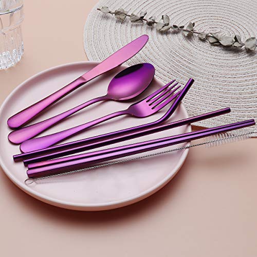 8-Piece Portable Stainless Steel Flatware Set, Travel Camping Cutlery Set with Purple Waterproof Case - color: Purple