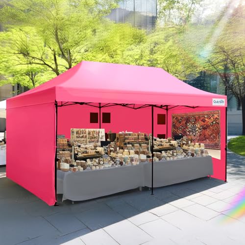 Quictent 10x20 Heavy Duty Pop up Canopy Tent with 3 Removable Sidewalls, Commercial Grade Instant Shelter with Wheeled Bag for Outdoor, Parties, Markets, 600D PU Coated UPF 50+ Sun Shield - color: Pink, size: 10x20