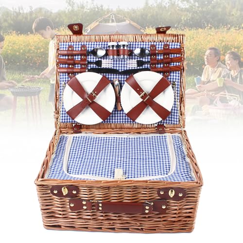 18x13x8in Picnic Basket Set,Hand-Woven Wicker Basket with Heat Cold Insulation,Complete Picnic Set with 2 Wine Glasses for Excursions, Camping, Hiking,Picnics, Outdoor Parties