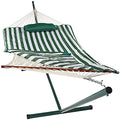 Sunnydaze Rope Hammock with Stand for Outside - Heavy Duty Freestanding Portable Outdoor Hammock Set with Quilted Pad, Pillow, and 12-Foot Steel Frame - 275 lb Capacity - Green & White Stripe - color: Green and White Stripe