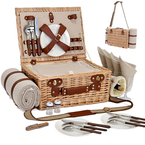 Picnic Basket with Blanket and Wine Pouch for 4, Wicker Picnic Set with Insulated Liner Cooler Bag Hamper for Camping,Wedding - Natural - color: Natural With Blanket for 4