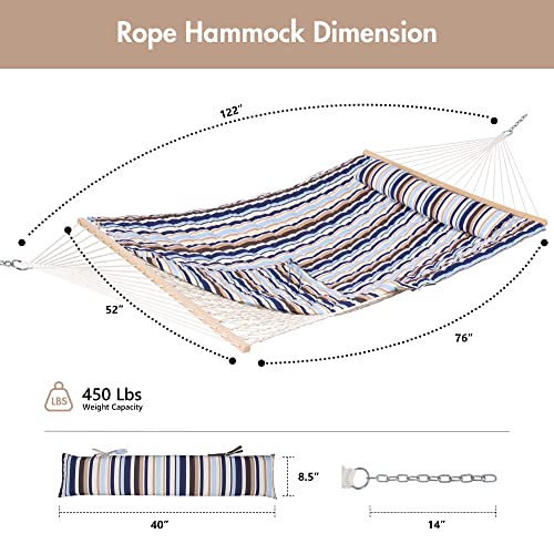 ANOW Outdoor Double Rope Hammock with Pad, Portable Hammock for Patio, Backyard, Beach, 450 LBS Weight Capacity, Blue Seaside - color: Blue Seaside, size: Without Stand
