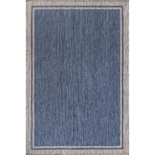 CAMILSON Indoor Outdoor Rug, 10x14 Bordered Navy Blue Gray Modern Large Area Rugs for Indoor and Outdoor Patios, Porches Waterproof Washable Porch Deck Outside Carpet (Bordered Navy, 10 x 14) - color: Bordered Navy, size: 10' x 14' (Rectangular)