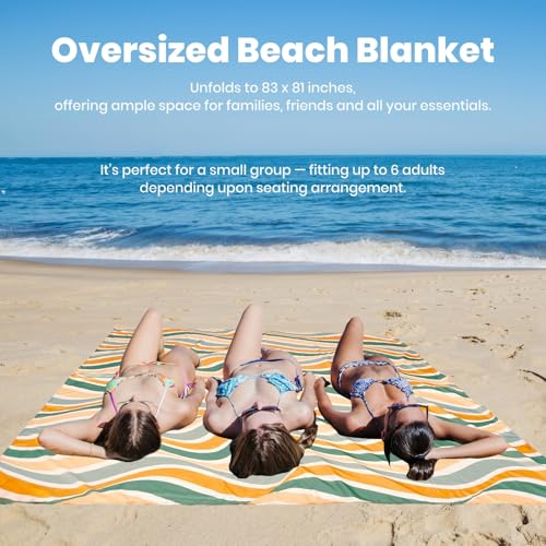 Oversized Sandproof Beach Blanket (83"x81"), Extra Large Beach Sheet for Up to 6 People. Sandfree Beach Mat, Big Sand Blankets with Sand Bags and Stakes. (Colored Wave) - color: Colored Wave, size: Large (83" X 81" / 6'11" X 6'9")