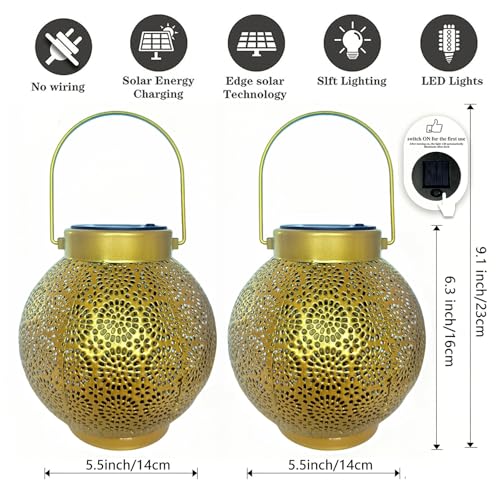 Solar Lanterns Outdoor Hanging 2 Pack, Waterproof Metal Garden Lights with Polka Dot Cutout Design, Dusk to Dawn Auto On/Off LED Decorative Lamp for Patio Porch Yard Tabletop, Shiny Gold - color: Shiny Gold Polka Dot