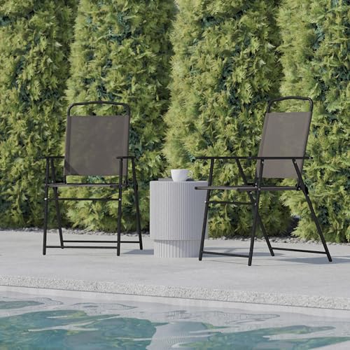 Flash Furniture Mystic Folding Patio Sling Chairs, Outdoor Textilene Lawn Chairs with Armrests, Set of 2, Brown - color: Brown