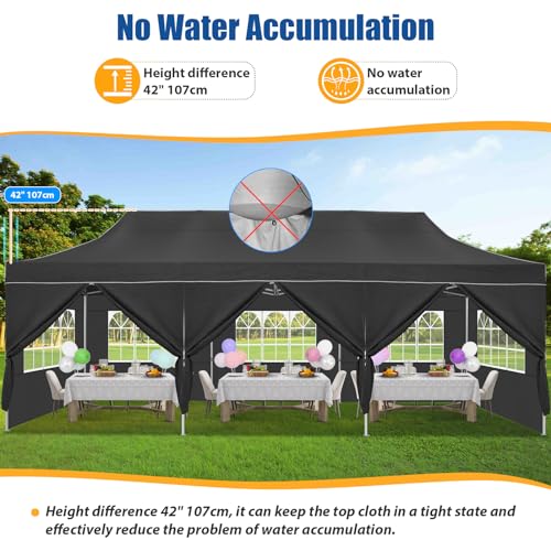 HOTEEL 10x30 Heavy Duty Pop up Canopy Tent for Parties with 8 Sidewalls, Easy Setup Outdoor Commercial Instant Gazebo for Wedding Event, with Portable Bag & Sand Bags, Black(Hexagonal Frame) - color: Black, size: 10x30FT (+8 Walls)
