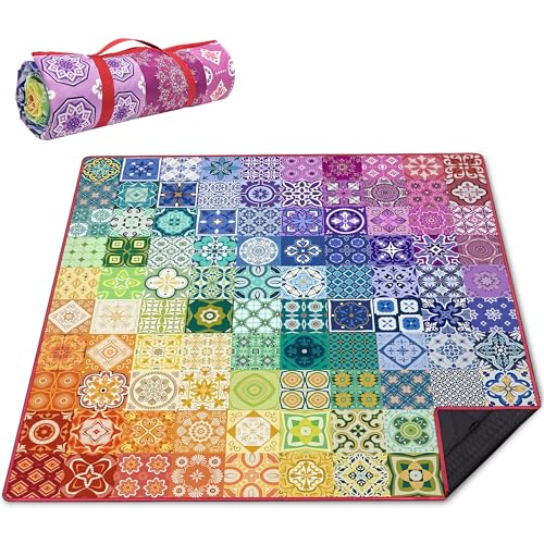 Supfitness Extra Large Picnic Blankets Waterproof Foldable (80 "x 80") Beach Blanket Waterproof Sandproof,3-Layer Thicking Mat Outdoor Packable Camping Blanket(Bohemian) - color: Multi Color, size: 80x80in