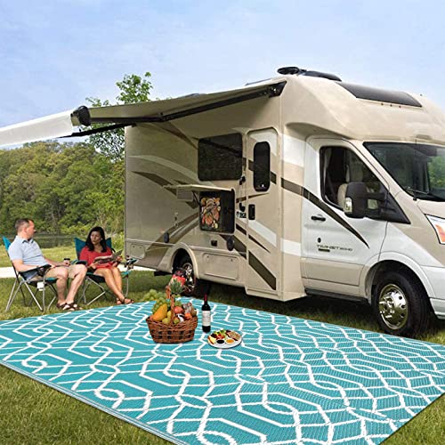 HEBE Outdoor Rug Waterproof 8x10, Reversible Plastic Straw Rug RV Camping Rug, Indoor Outdoor Patio Mat Clearance, Outside Carpet for Porch,Deck,Camper,Balcony,Backyard,Picnic - color: Line/Teal, size: 8' x 10' (Rectangular)