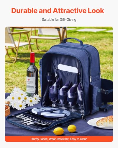 VEVOR Picnic Backpack, Beach Picnic Backpack Bag for 4 Person with Insulated Cooler Compartment, Detachable Bottle/Wine Holder, Lightweight Blanket, Plates and Cutlery Set for Outdoor, Navy Blue - size: single layer for 4 & blue