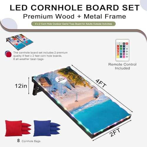LED Cornhole Set, 3 x 2ft / 4 x2 ft Cornhole Board Game Set, Corn Hole Outdoor Game, Multi-Design with Light-Up Border, 8 Bean Bags, Carrying Case for Backyard, Beach, Lawn - color: Beach, size: 4'x2'