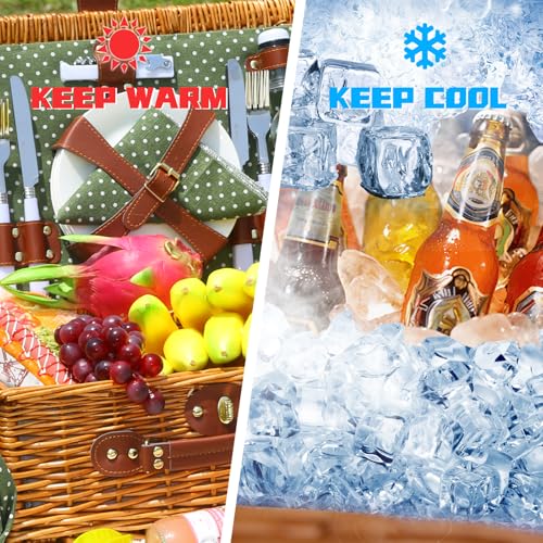 Picnic Basket for 4 Persons with Waterproof Picnic Blanket and Insulated Cooler, Large Wicker Picnic Basket for Camping, Outdoors, Valentine's Day, Christmas, Birthday, Wedding Gift - color: Green & White Spots