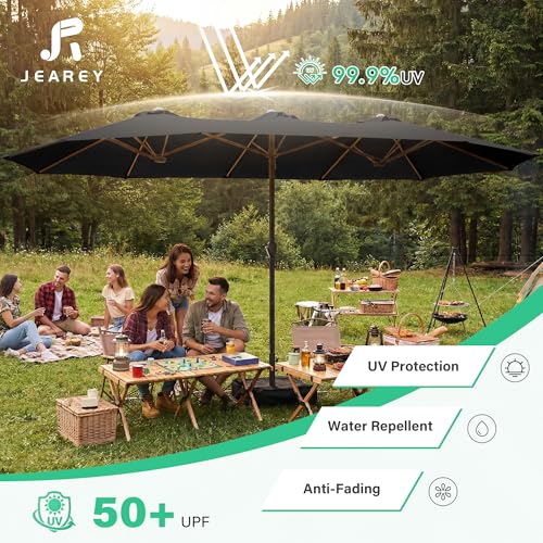 JEAREY 15ft Large Patio Umbrella with Base, Outdoor Rectangle Umbrella Double-Sided Market Umbrella with Stand for Pool, Deck, Backyard and Garden, Black - color: Black