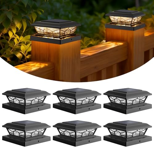 Brightever 4x4 3.5x3.5 Solar Post Cap Lights, 6-Pack Solar Powered Fence Post Light Outdoor Waterproof for Vinyl/Wooden Post, 2 Modes(Warm/Cool Light), Black Solar Deck Post Lights for Patio, Porch - color: Black, size: 6 Pack
