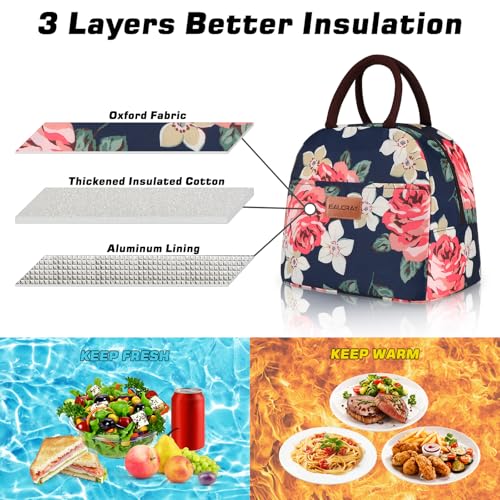 BALORAY Lunch Bag for Women Men Cute Reusable Insulated Lunch Box Large Capacity Lunch Tote Bag for Work, Picnic or Travel(Blue With Big Flower) - color: Blue Big Pink Flower, size: M
