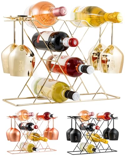 Gusto Nostro Countertop Wine Rack with Glass Holder for 8 Bottles & 4 Glasses - Tabletop Modern Small Wine Rack for Home Kitchen Cabinet Wine Cellar Storage - No Assembly Wine Bottle Holder (Gold) - color: Gold, size: 8 Bottles