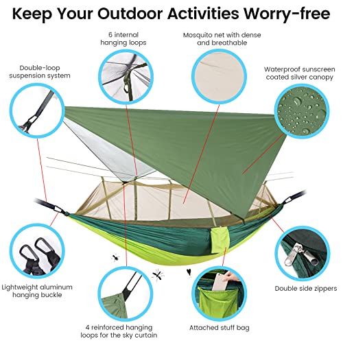 Camping Hammock with Mosquito Net & Rain Fly Tent Tarp & Tree Straps Portable Strong Nylon Hammock Parachute Tent w/Storage Bag for Camping Hiking Backyard Outdoor Backpacking Travel - color: Green+light Green