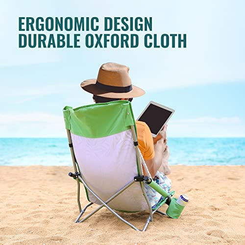 VILLEY Low Beach Chair, High Back Folding Beach Chair for Adults, Lightweight and Portable for Outdoor, Beach, Camping, Lawn, Music Festival, with Cup Holder and Carry Bag-Green Tropical Leaves - color: Green Tropical Leaves